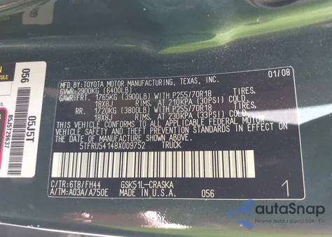 2008 Toyota Tundra Base V6 из США, поврежденный, VIN 5TFRU54148X009752